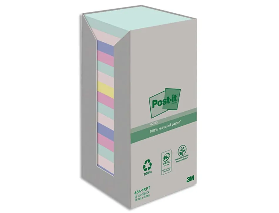 Notes repositionnables post-it recyclées jaunes format 76 x 76 mm 100 feuilles pack 24 blocs
