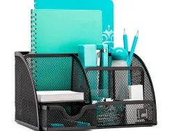 Organiseur bureau q-connect maille métallique 5 compartiments et 1 tiroir 220x140x130mm coloris noir