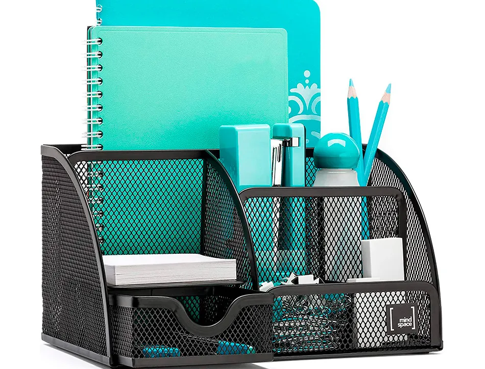 Organiseur bureau q-connect maille métallique 5 compartiments et 1 tiroir 220x140x130mm coloris noir