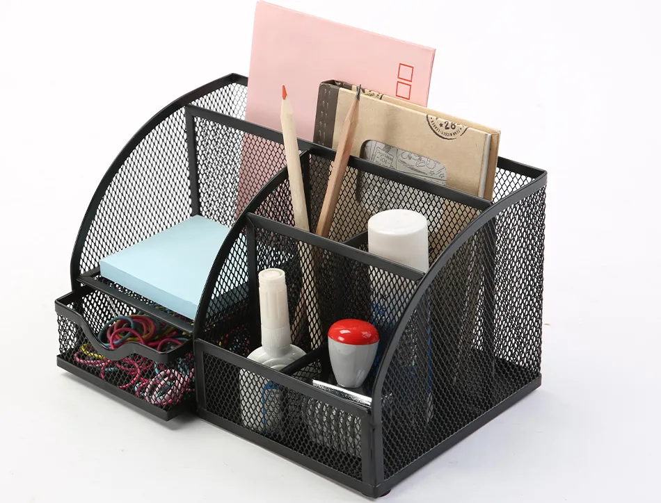 Organiseur bureau q-connect maille métallique 5 compartiments et 1 tiroir 220x140x130mm coloris noir