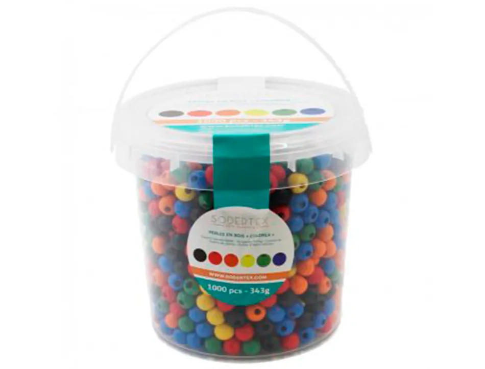 Pack perles sodertex en bois colorea - 10 mm - 1000 pcs - 530g - 6 coloris