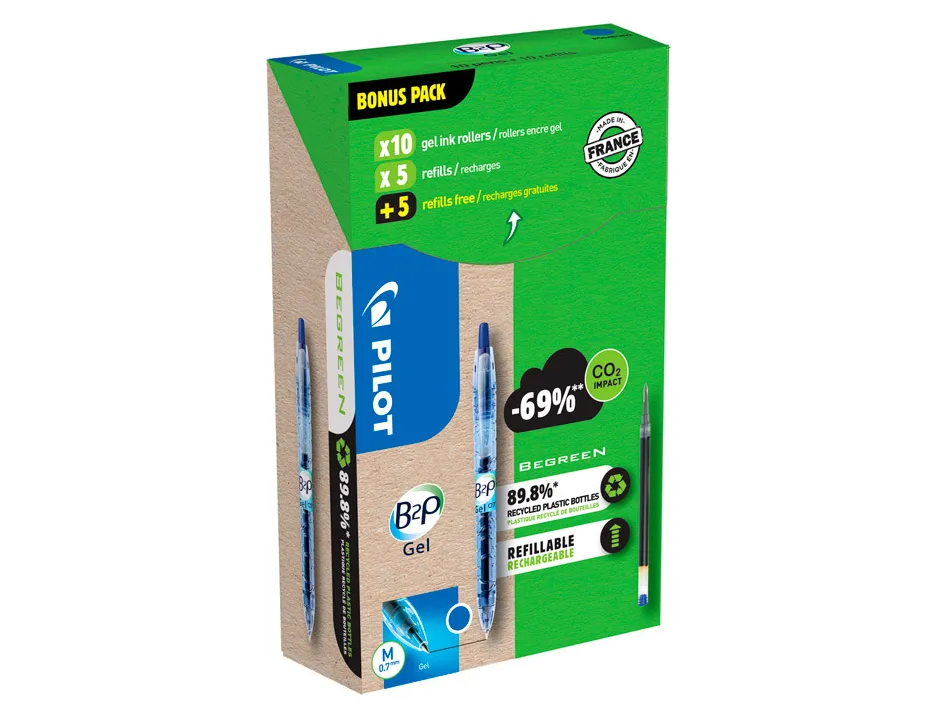 Pack pilot begreen b2p 10 rollers encre gel pointe moyenne + 10 recharges dont 5 offertes bleu