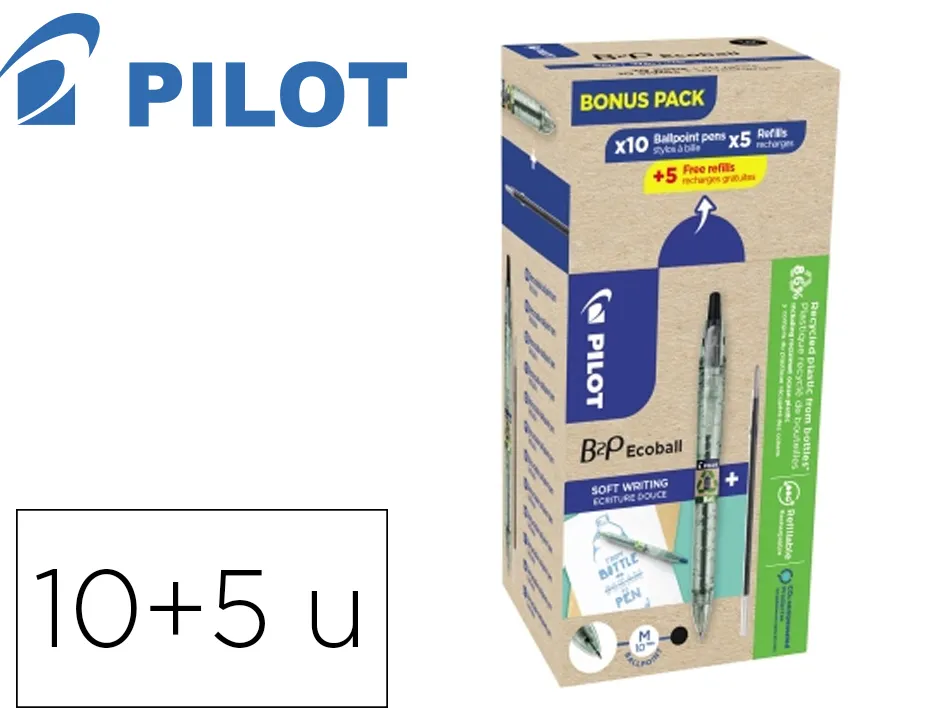 Pack pilot begreen b2p ecoball 10 stylos-bille pointe moyenne + 10 recharges noir