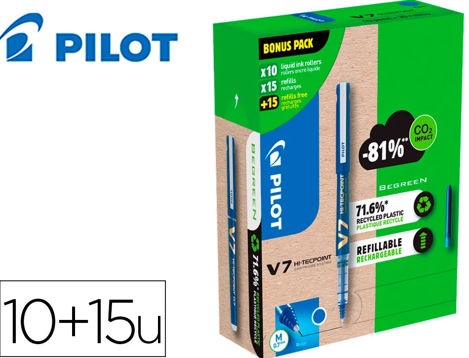 Pack pilot v7 10 rollers encre liquide rechargeables pointe moyenne 10 sets de 3 recharges 5 offertes coloris