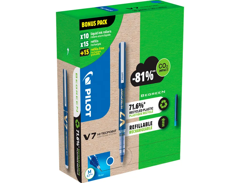 Pack pilot v7 10 rollers encre liquide rechargeables pointe moyenne 10 sets de 3 recharges 5 offertes coloris
