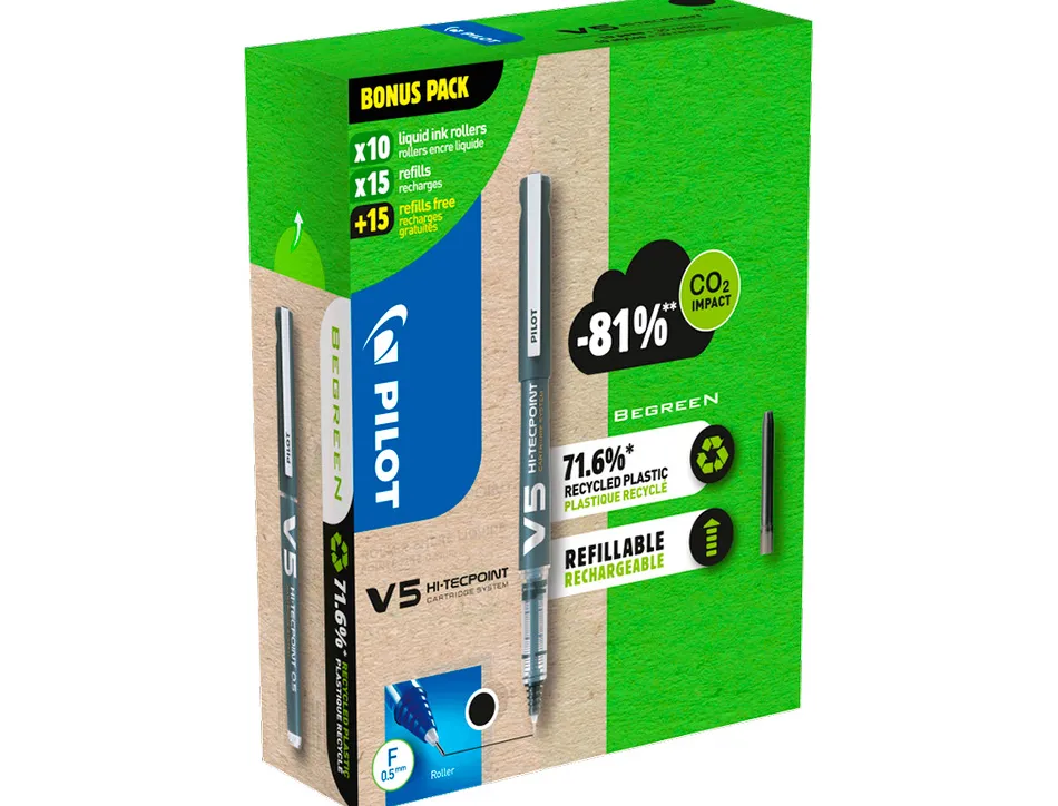 Pack pilot v5 10 rollers encre liquide rechargeables pointe moyenne 10 sets de 3 recharges 5 offertes coloris