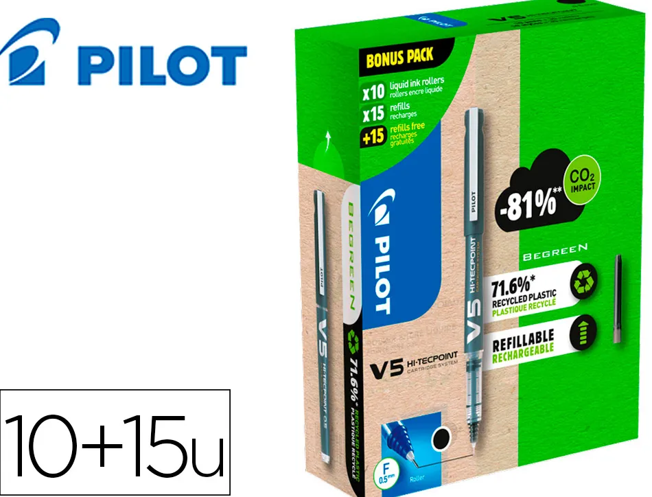 Pack pilot v5 10 rollers encre liquide rechargeables pointe moyenne 10 sets de 3 recharges 5 offertes coloris