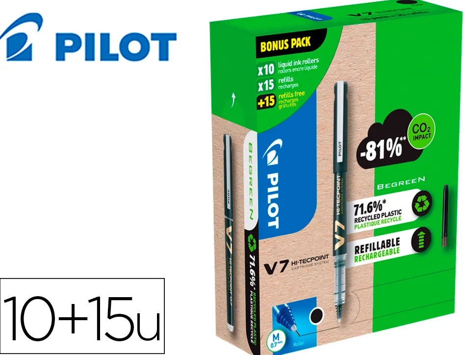 Pack pilot v7 10 rollers encre liquide rechargeables pointe moyenne 10 sets de 3 recharges 5 offertes coloris