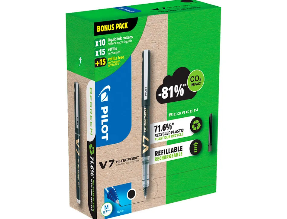 Pack pilot v7 10 rollers encre liquide rechargeables pointe moyenne 10 sets de 3 recharges 5 offertes coloris
