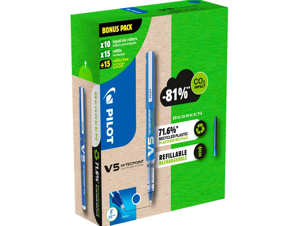 Pack pilot v5 10 rollers encre liquide rechargeables pointe moyenne 10 sets de 3 recharges 5 offertes coloris