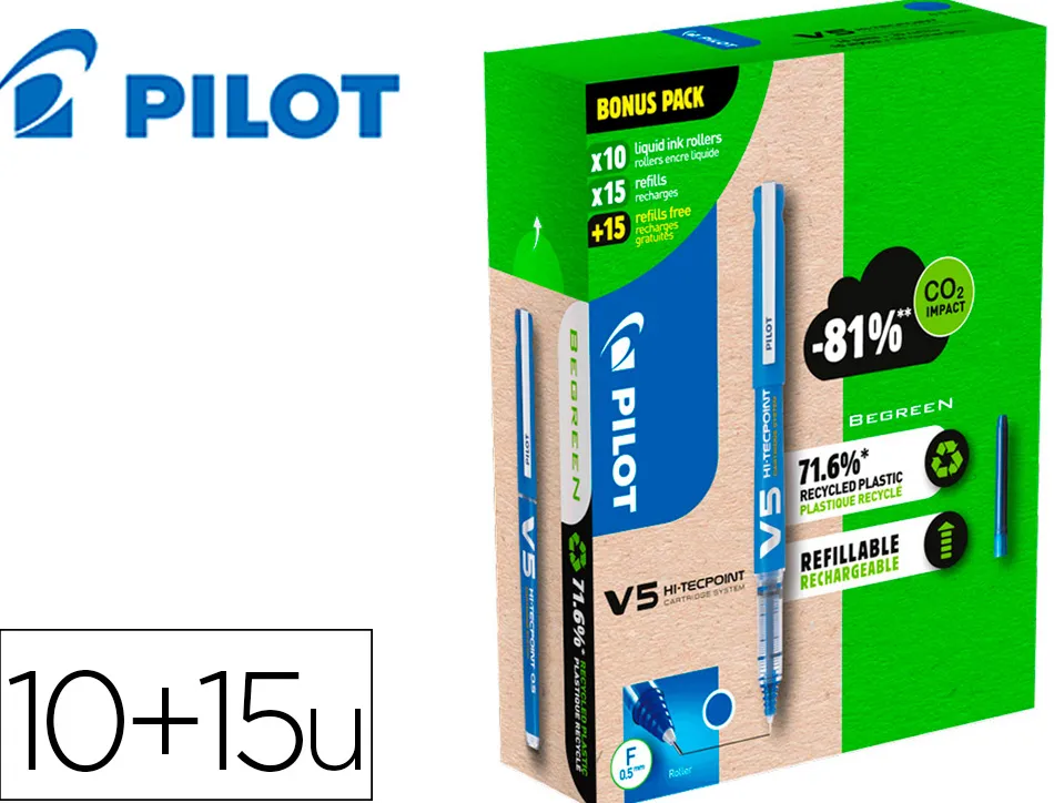 Pack pilot v5 10 rollers encre liquide rechargeables pointe moyenne 10 sets de 3 recharges 5 offertes coloris