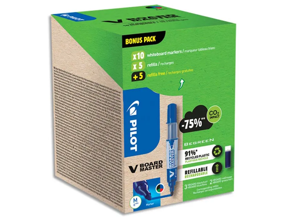 Pack pilot v-board master 10 marqueurs effacables a sec pointe conique moyenne 10 recharges 5 offertes assortis