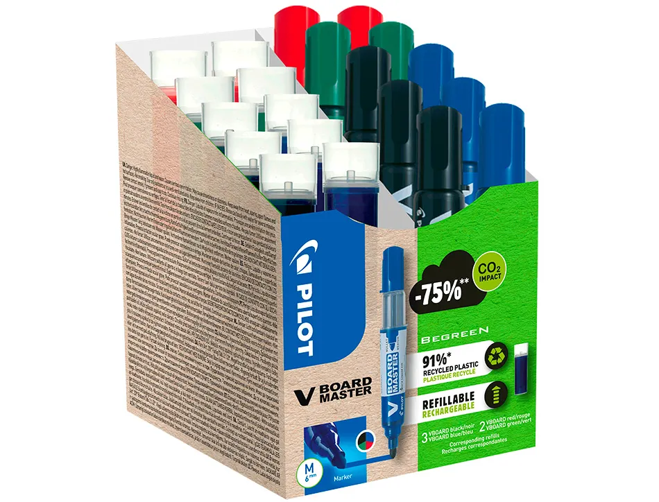 Pack pilot v-board master 10 marqueurs effacables a sec pointe conique moyenne 10 recharges 5 offertes assortis