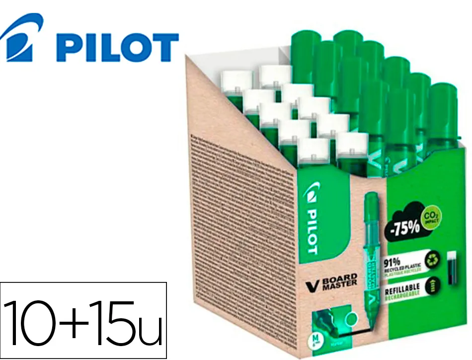 Pack pilot v-board master 10 marqueurs effacables a sec pointe conique moyenne 10 recharges 5 offertes coloris vert