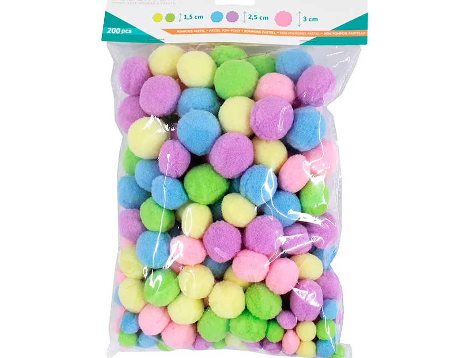 Pack pompons sodertex pastel polyester - 3 tailles - 200 pcs - 5 coloris