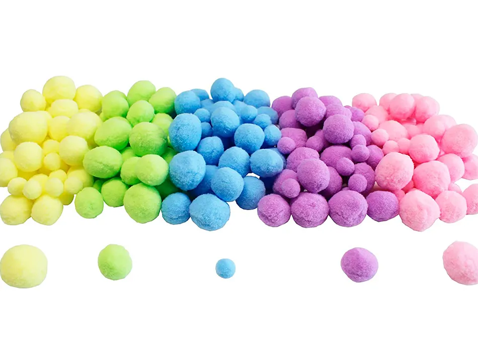 Pack pompons sodertex pastel polyester - 3 tailles - 200 pcs - 5 coloris