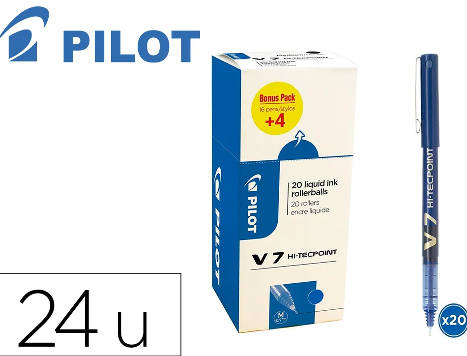Pack roller pilot v7 pointe aiguille 0.7 mm avec regulateur d encre 16 + 4 offerts coloris bleu