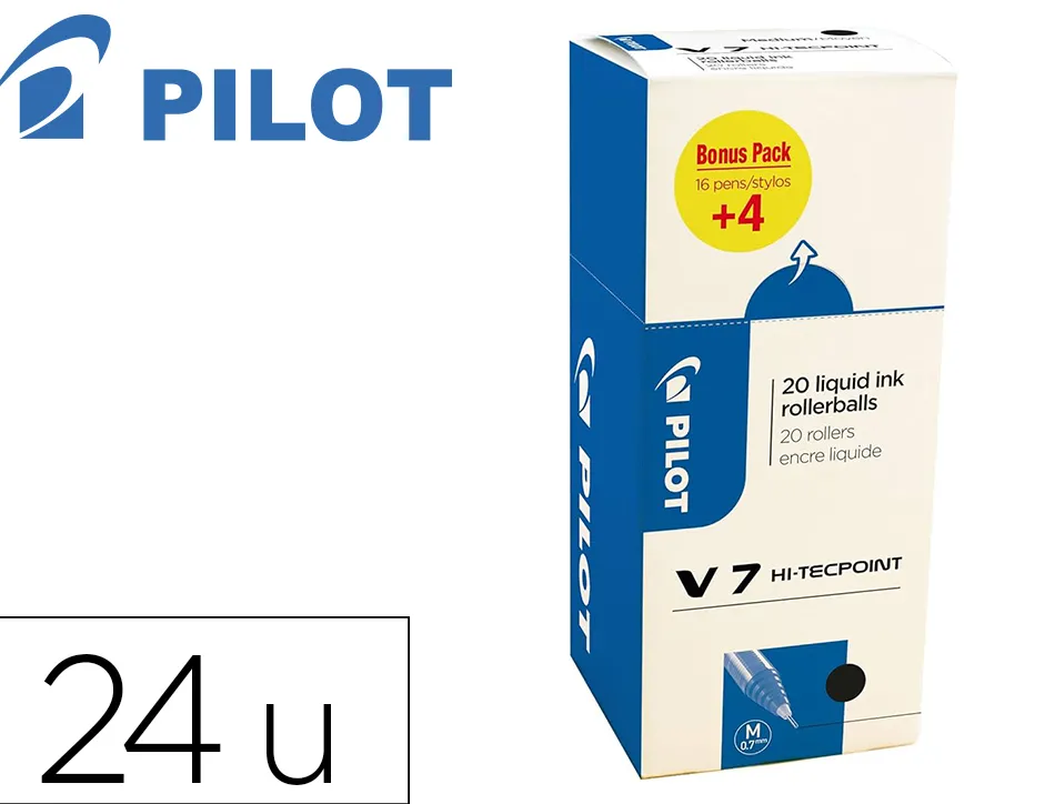 Pack roller pilot v7 pointe aiguille 0.7 mm avec regulateur d encre 16 + 4 offerts coloris noir