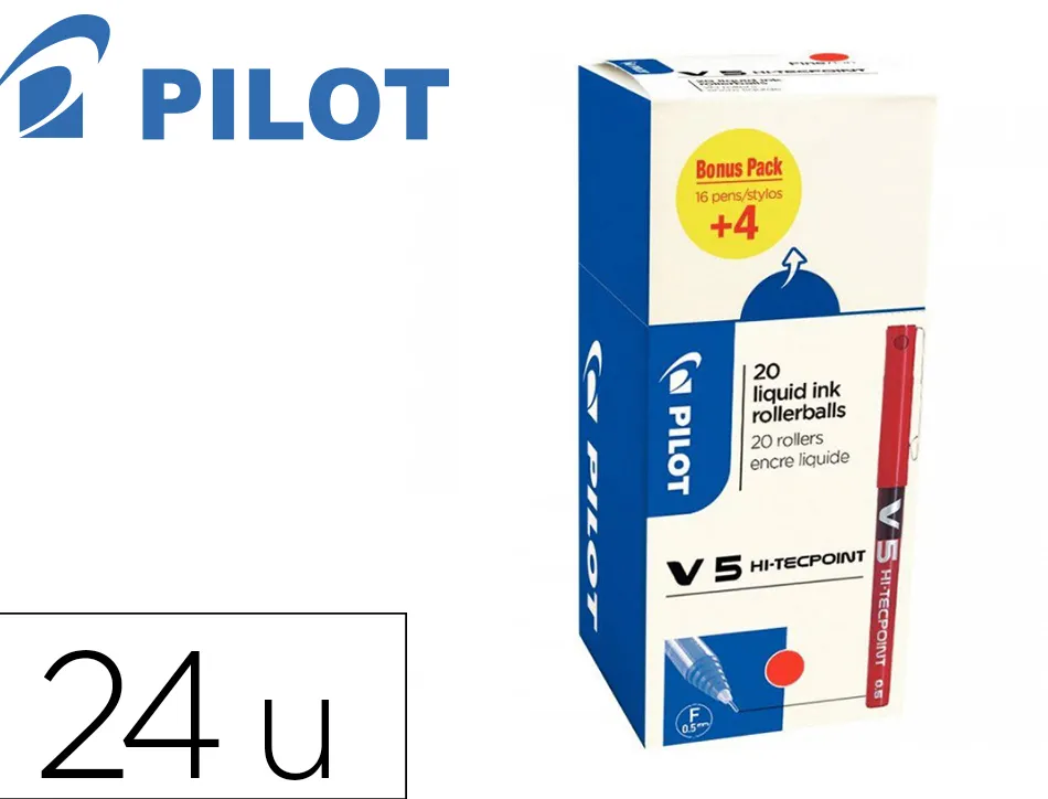 Pack roller pilot v5 pointe aiguille 0.5 mm avec regulateur d encre 16 + 4 offerts coloris rouge