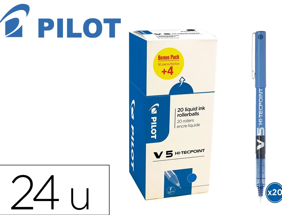 Pack roller pilot v5 pointe aiguille 0.5 mm avec regulateur d encre 16 + 4 offerts coloris bleu
