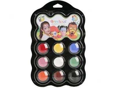 Palette maquillage oz international carnaval grim'tout contient 1 éponge 1 pinceau 1 guide 9 coloris assortis