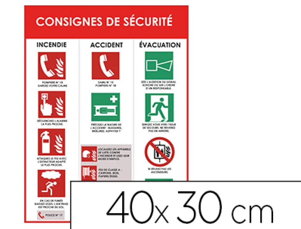 Panneau consignes de securite pvc souple incendie accident evacuation 40x30cm blanc rouge