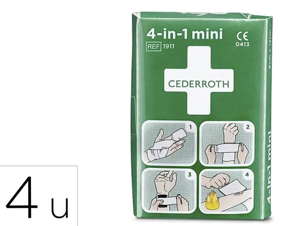 Pansement cederroth petit stop sang 4-en-1 contient 1 compresse speciale 8x12cm 2 bandes elastiques usage unique 6cmx3m