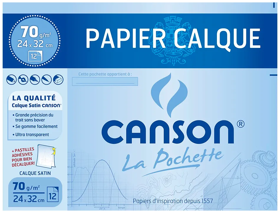Papier calque canson crayon encre dessin industriel 70/75g a4+ 320x240mm pochette 12f