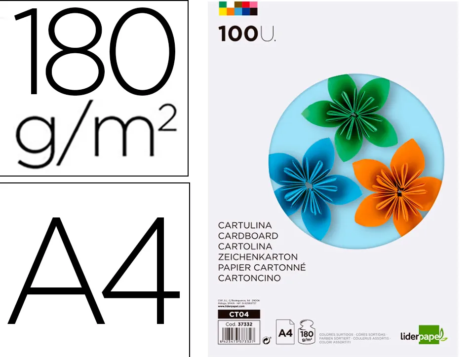 Papier cartonné liderpapel a4 180g/m2 10 coloris assortis paquet 100f