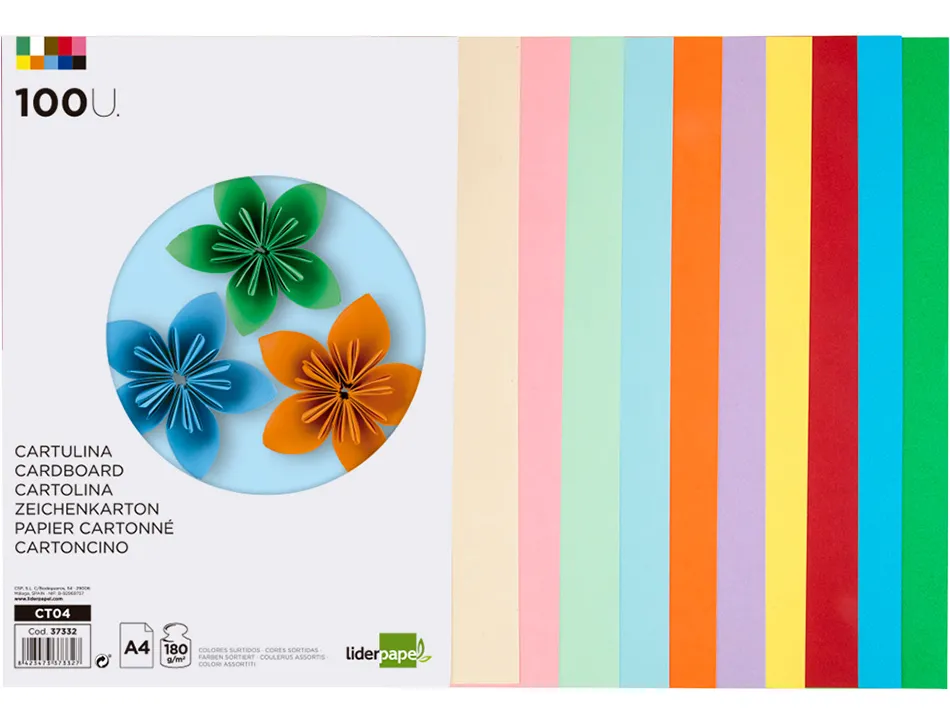 Papier cartonné liderpapel a4 180g/m2 10 coloris assortis paquet 100f