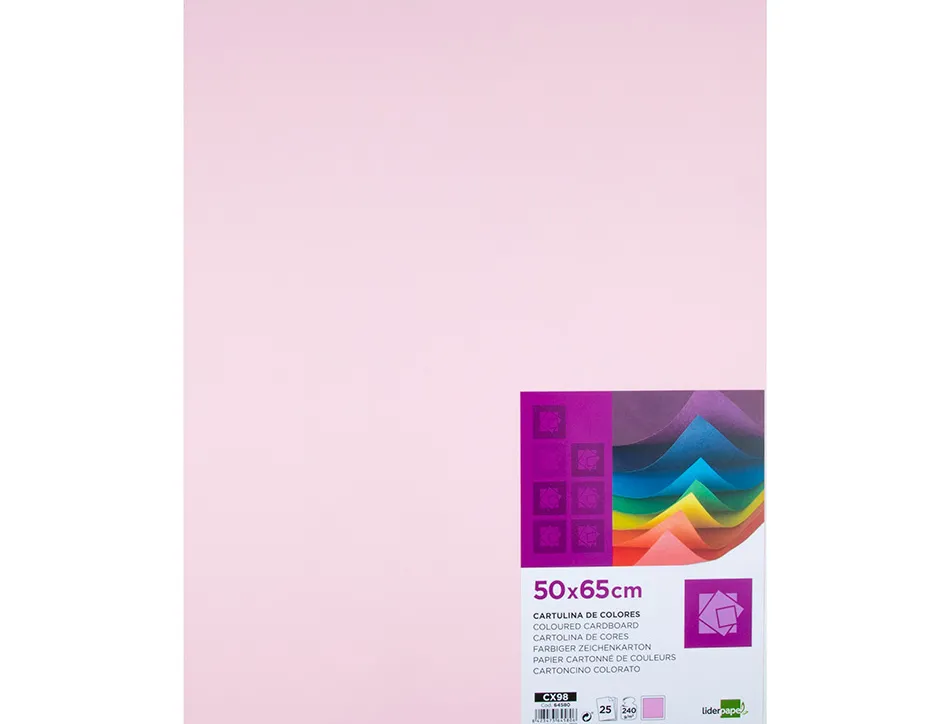 Papier cartonne liderpapel 50x65cm 240gr coloris rose paquet 25 feuilles