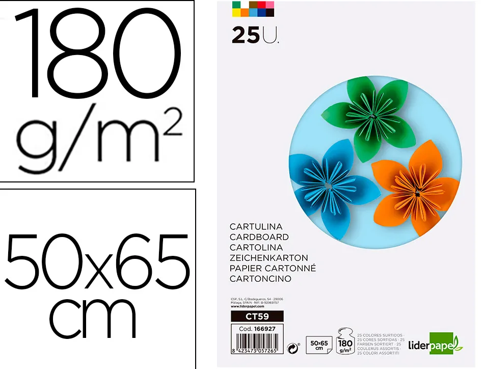 Papier cartonne liderpapel 50x65cm 180gr coloris assortis paquet 25 feuilles