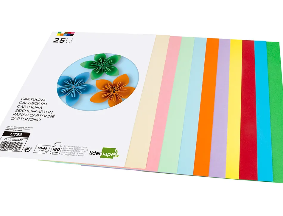 Papier cartonne liderpapel 50x65cm 180gr coloris assortis paquet 25 feuilles