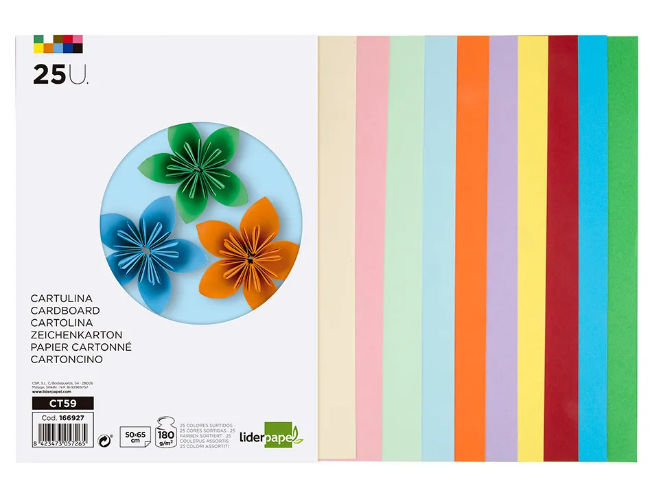 Papier cartonne liderpapel 50x65cm 180gr coloris assortis paquet 25 feuilles