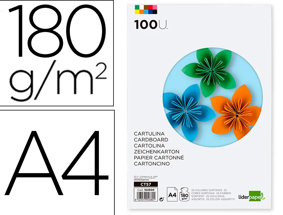 Papier cartonne liderpapel a4 180gr coloris assortis paquet 100 feuilles