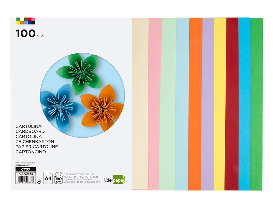 Papier cartonne liderpapel a4 180gr coloris assortis paquet 100 feuilles