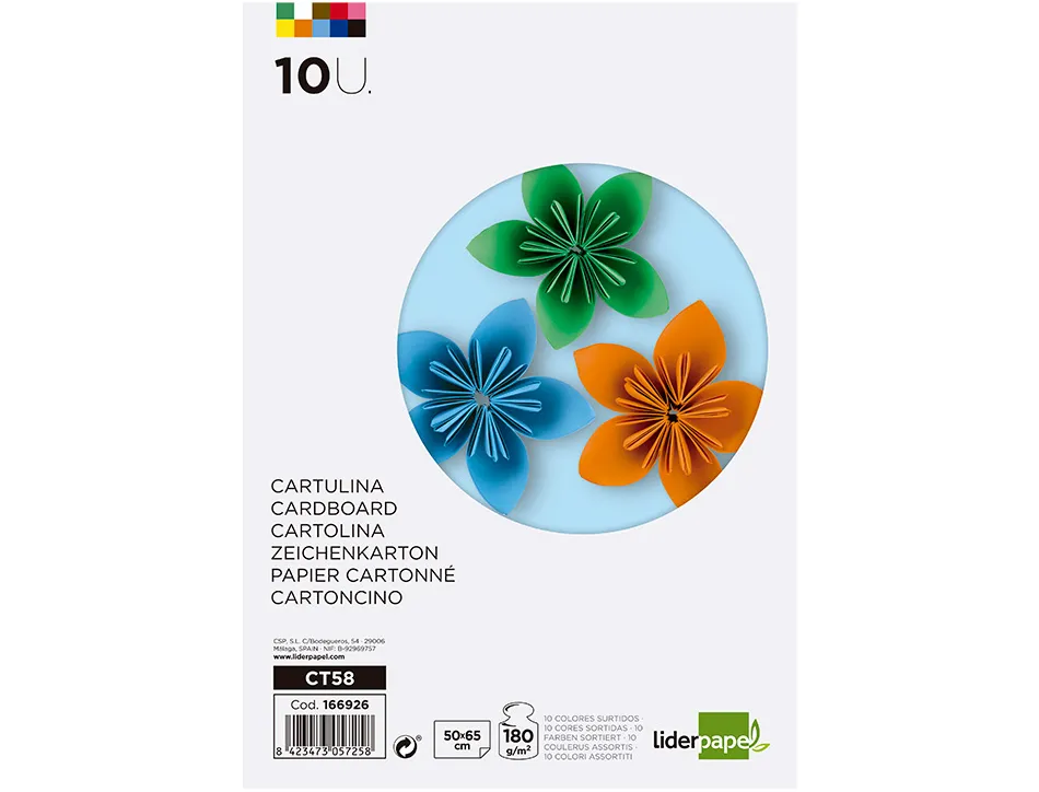 Papier cartonne liderpapel 50x65cm 180gr coloris assortis paquet 10 feuilles