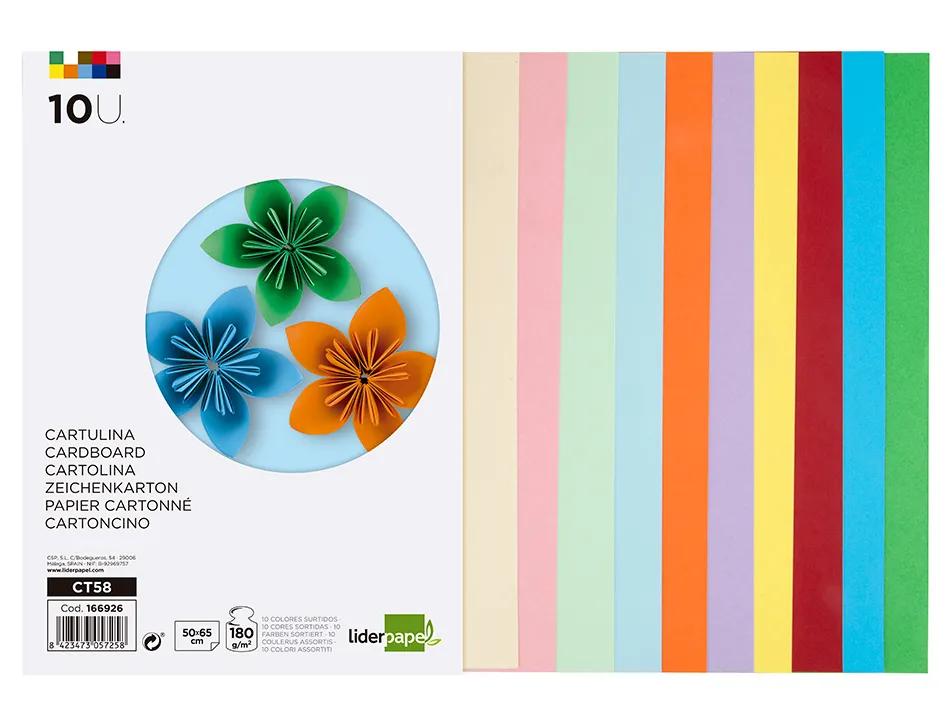 Papier cartonne liderpapel 50x65cm 180gr coloris assortis paquet 10 feuilles