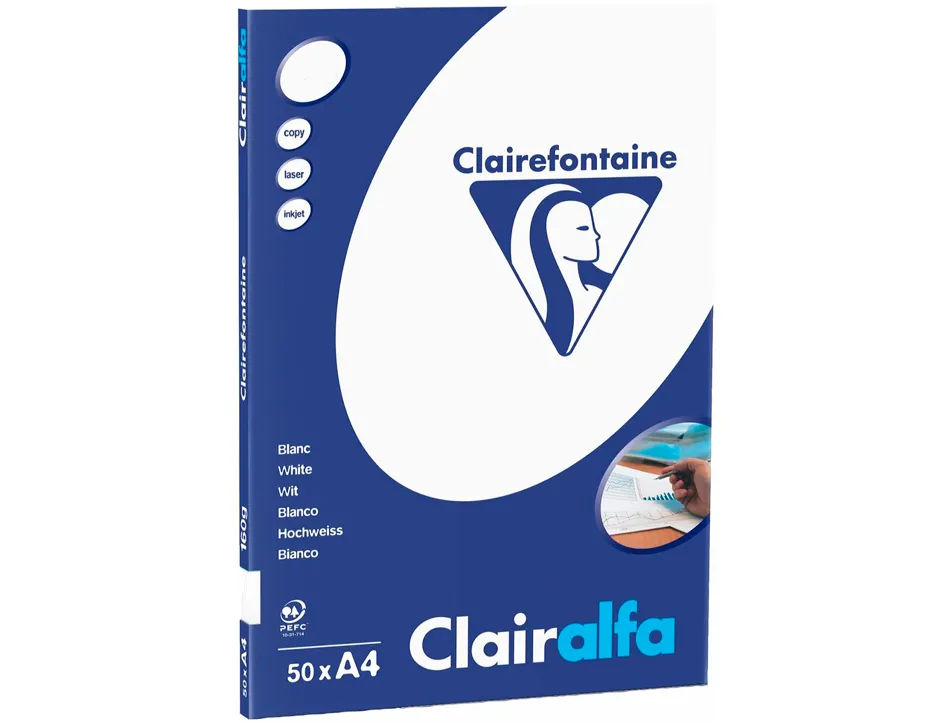 Papier clairefontaine clairalfa extra blanc a4 350g/m2 blancheur 170 opacité 93 rigidité 135 toucher satiné 125 feuilles