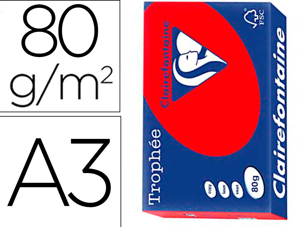 Papier clairefontaine multifonction laser couleur trophe a3 80g/m2 rouge corail parfaite opacite paquet 500