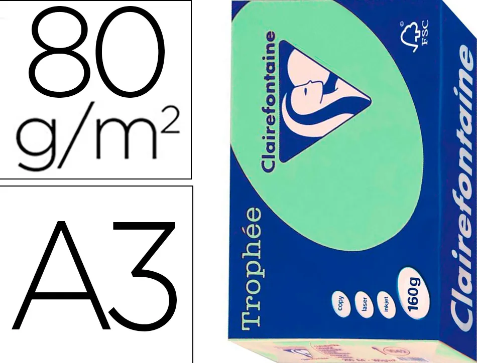 Papier clairefontaine multifonction laser couleur trophe a3 80g/m2 vert nature parfaite opacite paquet 500
