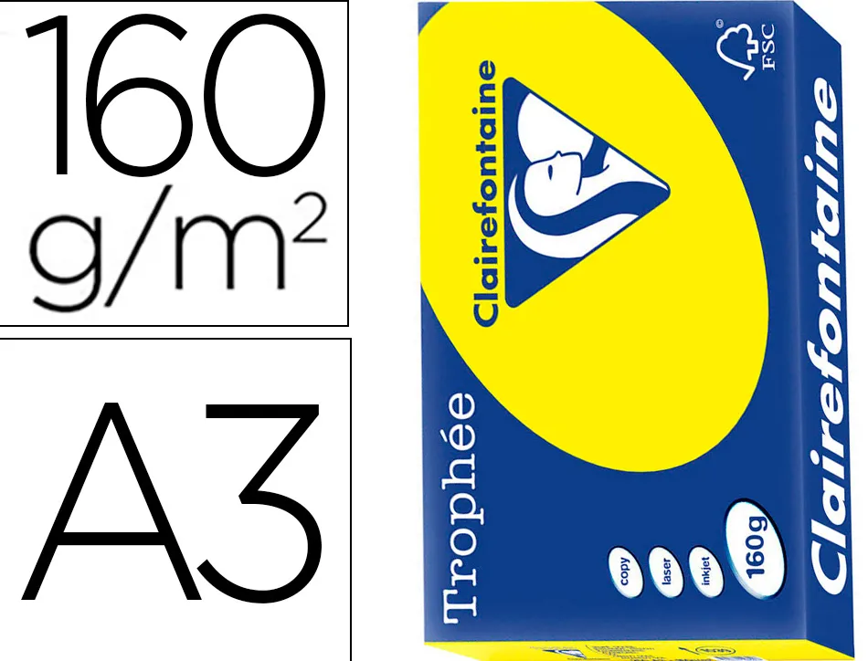 Papier clairefontaine multifonction laser couleur trophe a3 160g/m2 soleil parfaite opacite paquet 250