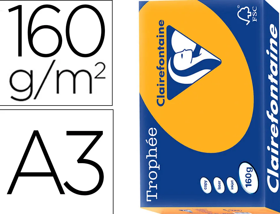 Papier clairefontaine multifonction laser couleur trophe a3 160g/m2 clementine parfaite opacite paquet 250