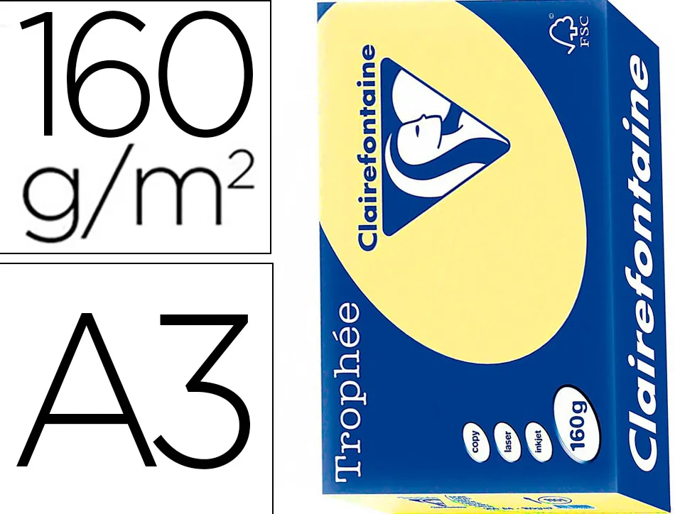 Papier clairefontaine multifonction laser couleur trophe a3 160g/m2 jonquille parfaite opacite paquet 250