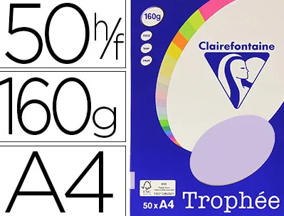 Papier couleur clairefontaine trophée personal paper pack a4 160g/m2 lilas paquet 50 feuilles unicolores
