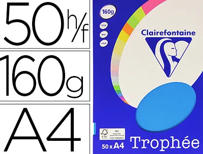 Papier couleur clairefontaine trophée personal paper pack a4 160g/m2 bleu turquoise 50 feuilles couleurs intenses