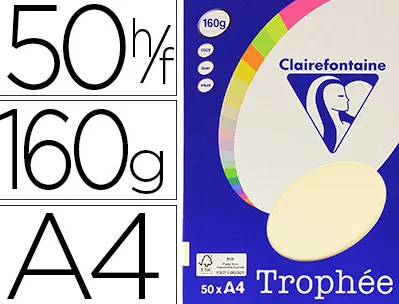 Papier couleur clairefontaine trophée personal paper pack a4 160g/m2 ivoire paquet 50 feuilles unicolores