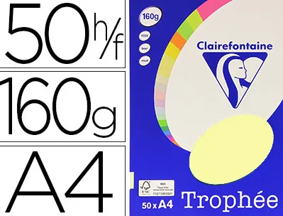 Papier couleur clairefontaine trophée personal paper pack a4 160g/m2 jaune canari paquet 50 feuilles unicolores