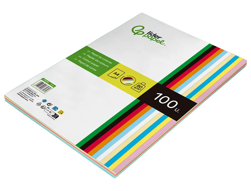 Papier couleur liderpapel multifonction a4 80g/m2 10 coloris assortis paquet 100 feuilles