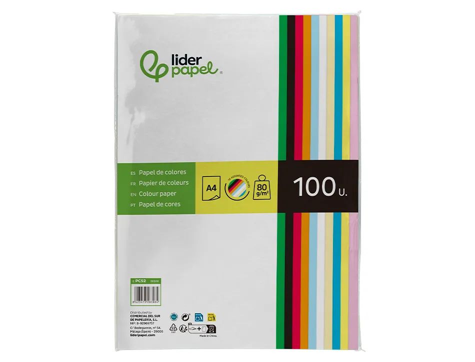 Papier couleur liderpapel multifonction a4 80g/m2 10 coloris assortis paquet 100 feuilles